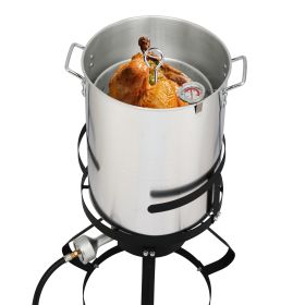 30QT Turkey Pot, 10QT Fish Pot, Four Piece Set, Black Circular Iron Frame, Silver Aluminum Pot, Gas Fryer (Option: Silver Aluminum Pot Black Hob)